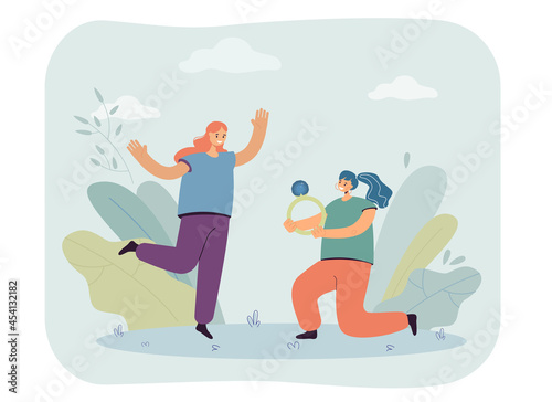 Cartoon woman proposing to girlfriend with huge wedding ring. Happy female characters getting married flat vector illustration. LGBT, marriage, love concept for banner, website design or landing page