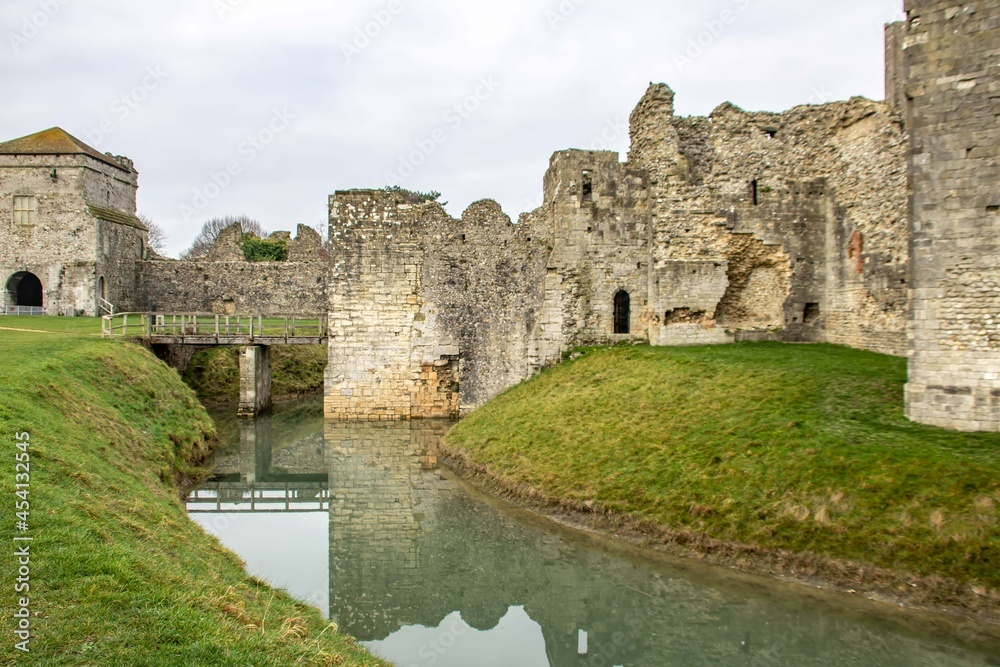 the moat around Porchester Castle which was originally built in the late 3rd century and is the most impressive and best preserved of the Saxon shore forts