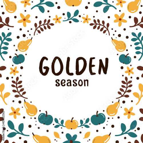 Golden season lettering phrase and autumn harvest symbols on white background. Vector illustration