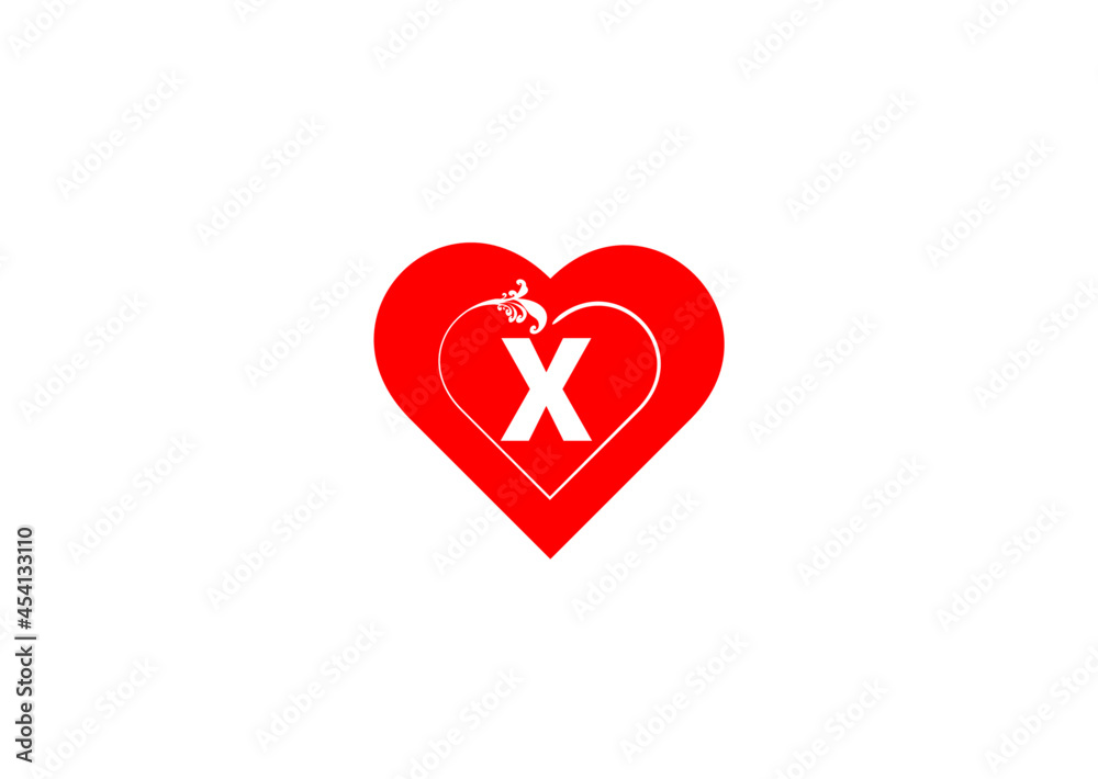 X letter logo with heart icon, valentines day design template