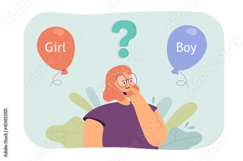 Pregnant cartoon woman in glasses guessing gender of future baby. Balloons with words girl and boy flat vector illustration. Pregnancy, maternity concept for banner, website design or landing web page