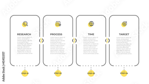 Business infographic label design with icons and flat elements. Timeline process with 4 options or steps.
