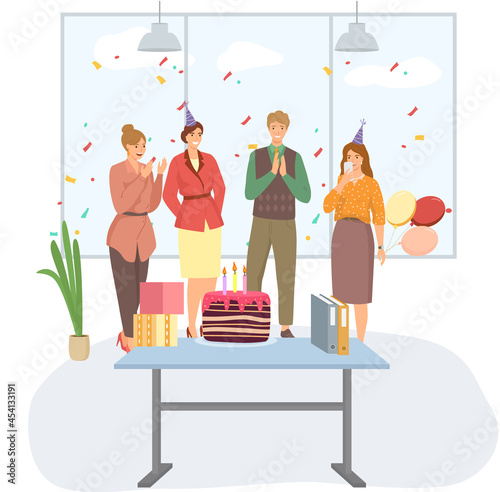 Birthday party in office flat vector illustration. Workers organize holiday, congratulate boss. Interaction, entertainment at workplace. Business team celebrate giving gifts and cake to colleague