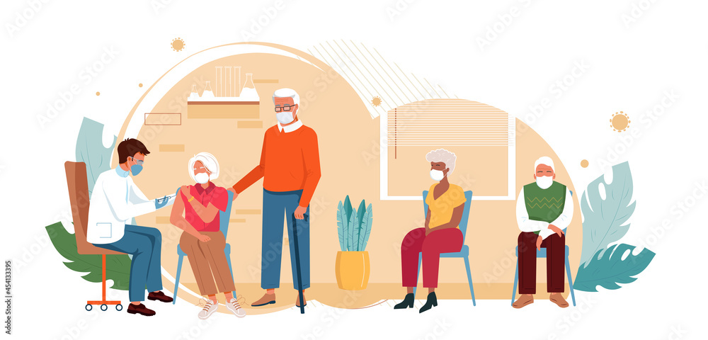Old people vaccination concept for immunity health. Covid-19. Doctor makes an injection of flu vaccine to senior man. Aged patients are waiting in line. Healthcare, coronavirus, flu or influenza. Old people vaccination concept for immunity health. Covid-19. Doctor makes an injection of flu vaccine to senior man. Aged patients are waiting in line. Healthcare, coronavirus, flu or influenza.