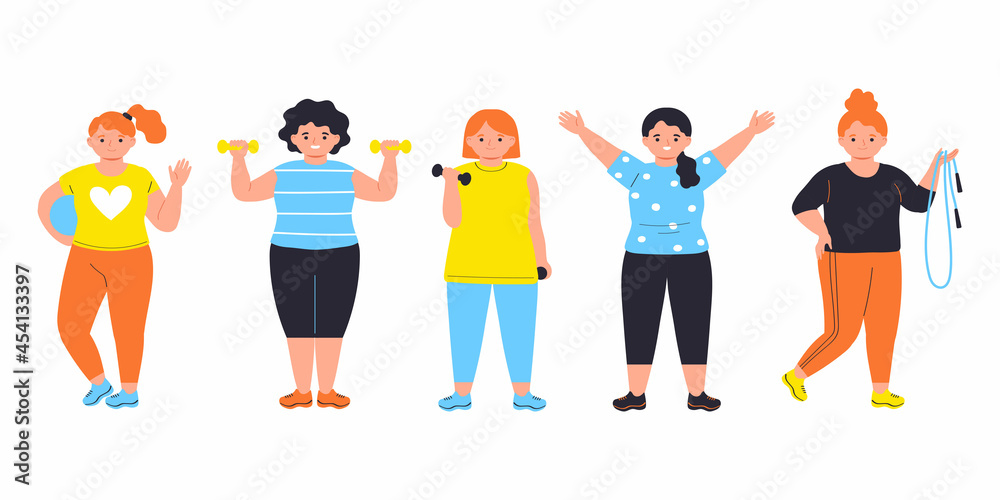 Group of women doing sports exercises. Characters isolated on white background.Vector illustration in flat style. Group of women doing sports exercises. Characters isolated on white background.Vector illustration in flat style.
