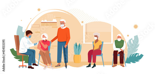 Old people vaccination concept for immunity health. Covid-19. Doctor makes an injection of flu vaccine to senior man. Aged patients are waiting in line. Healthcare  coronavirus  flu or influenza.