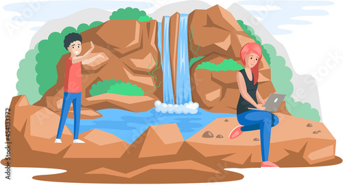 Young people working remotely on nature. Characters communicating through network on laptop. Freelance, work from anywhere in world. Woman and man plan business and solve work issues near waterfall