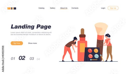 Happy tiny women testing makeup products flat vector illustration. Cartoon female characters cosmetics masterclass or course. Beautician parlor and beauty workshop concept