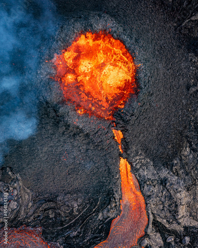 Looking straight down into the erupting volcanic crater of Geldingadalagos eruption in Reykjanes peninsula, Iceland.