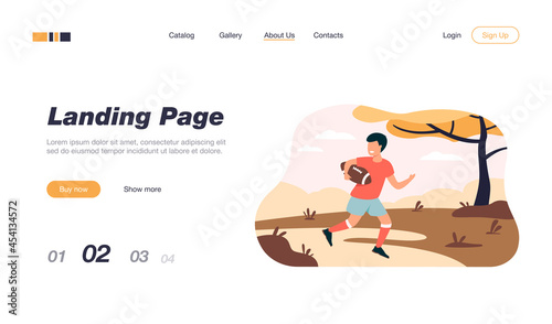 Cheerful young boy playing rugby game in park. Sporty kid in uniform with ball running on field. For childhood, sport, outdoor activity concept