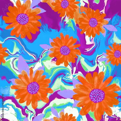 Abstract Hand Drawing Daisy Flowers with Tie Dye Marbled Liquid Batik Background