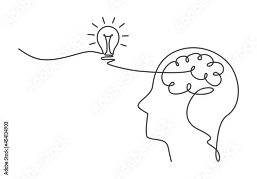 a human head with a brain and a light bulb on are drawn by one continuous line