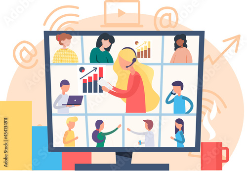 Video conferencing on large computer screen, teamwork, many people conference at same time remotely. Girl communicates with colleagues via video. Online meeting, business meetup, digital classroom