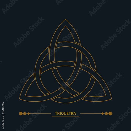 Triquetra, celtic knot sign. Scandinavian protective amulet. Line art, art deco color. Esoteric, sacred geometry, witchcraft. Vector golden illustration isolated on black background