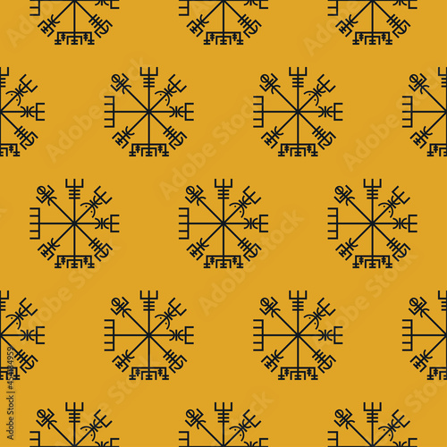 Vegvisir symbol, runic compass. Icelandic magical staves. Nordic Viking compass Seamless pattern. Esoteric, sacred geometry, witchcraft. Vector illustration on yellow background