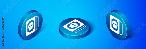 Isometric Tarot cards icon isolated on blue background. Magic occult set of tarot cards. Blue circle button. Vector