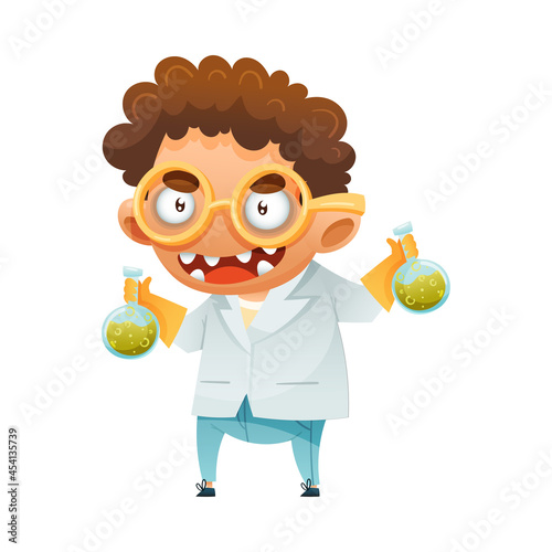 Boy in Lab Coat with Poison Flask as Halloween Character Vector Illustration