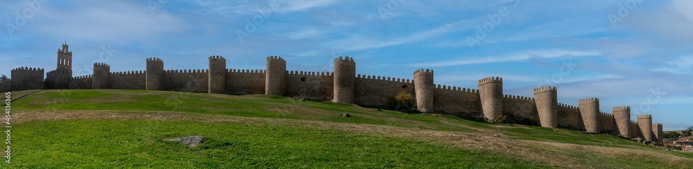 Panoramic view of the medieval Romanesque wall, Avila (City of Stones and Saints), Spain...