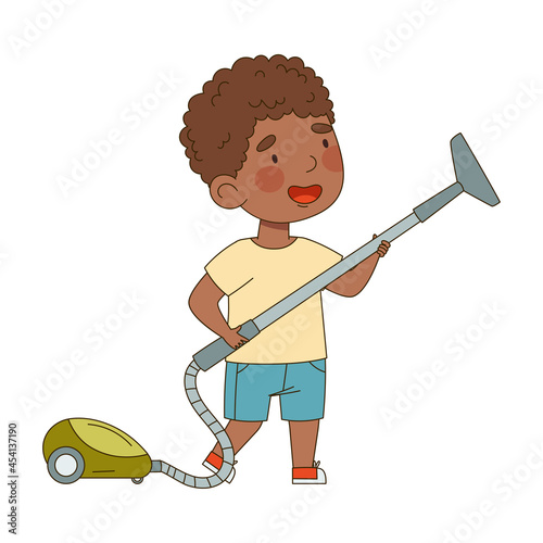 Little African American Boy with Vacuum Cleaner Engaged in Housekeeping Vector Illustration