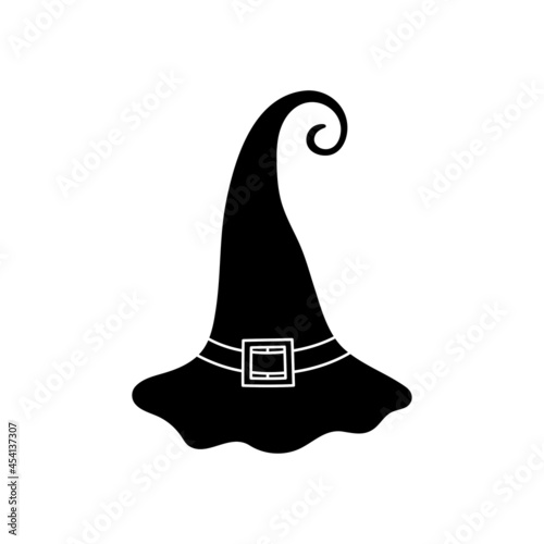 Witch hat vector illustration in simple style. Hand drawn wizard cap for holiday Halloween. Black icon isolated on white background. Scary silhouette magician hat. Accessory for party on Halloween