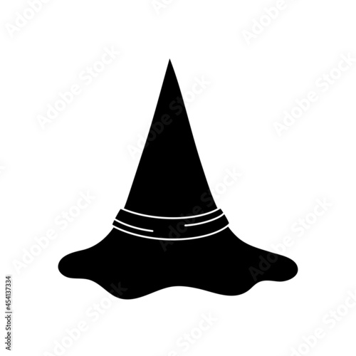 Witch hat vector illustration in simple style. Hand drawn wizard cap for holiday Halloween. Black icon isolated on white background. Scary silhouette magician hat. Accessory for party on Halloween