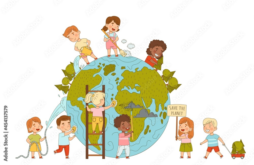 Little Kids Saving Planet Taking Care of Globe Rubbing It with Brush and Planting Trees Vector Illustration Little Kids Saving Planet Taking Care of Globe Rubbing It with Brush and Planting Trees Vector Illustration