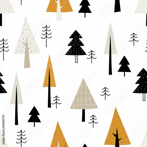 Vector seamless pattern with doodle cute christmas trees on a white background. Cute scandinavian forest background. Nature. Landscape. Creative kids texture for fabric  wrapping  textile  wallpaper.