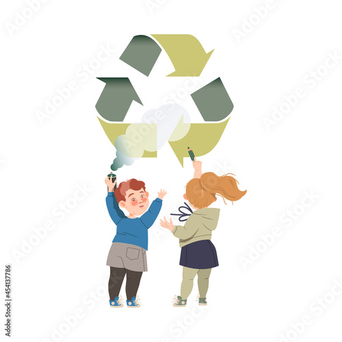 Little Boy and Girl with Spray Paint Drawing Recycle Symbol on Wall Taking Care of Nature and Environment Vector Illustration