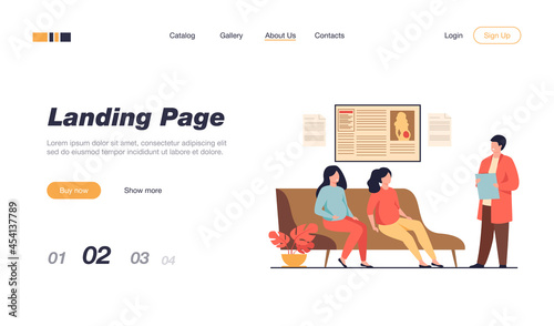 Pregnant women waiting at doctor office in clinic, sitting on couch or consulting specialist. Vector illustration for motherhood, pregnancy maintenance, prenatal care concept