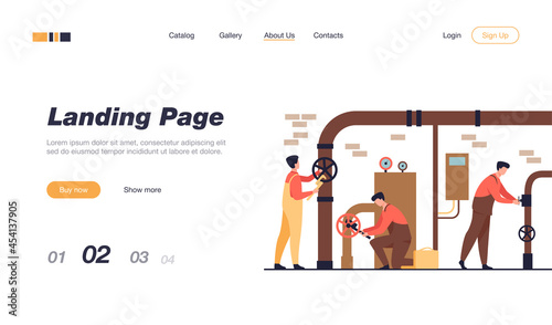 Handymen working in team and fixing leakage in boiler room flat vector illustration. Cartoon plumbers repairing pipes with tools. Flight crew and aircraft concept