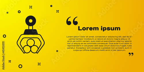 Black Grapple crane grabbed a log icon isolated on yellow background. Forest industry. Industrial crane for lumber trunk wood production. Vector