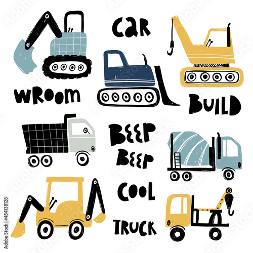 Vector hand-drawn color children's set with illustration, poster, print with a cute trucks and lettering in Scandinavian style on a white background. Building equipment. Funny construction transport.