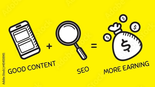 Animated doodle art illustration of Monetize Good Content with SEO marketing. Suitable to describe content creator activity and infographic about online business. photo