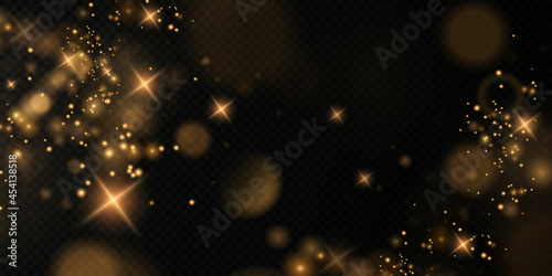 Bokeh light lights effect background. Christmas background of shining dust Christmas glowing bokeh confetti and spark overlay texture for your design. Gold dust PNG.