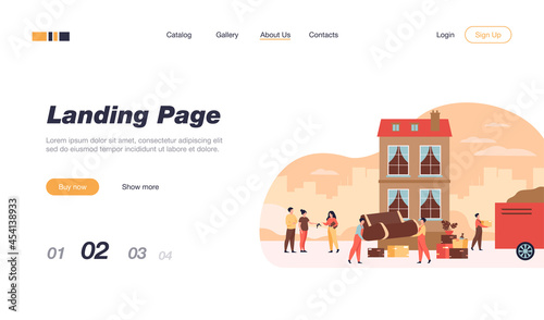 Couple moving out house and giving key to agent. Movers carrying furniture to truck. Vector illustration for relocation, new home, loaders, service concept