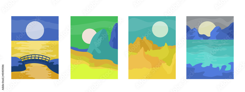 Abstract minimalistic landscapes set with Sun, Moon, sea, mountains. Boho wall decor. Flat abstract vector illustration.