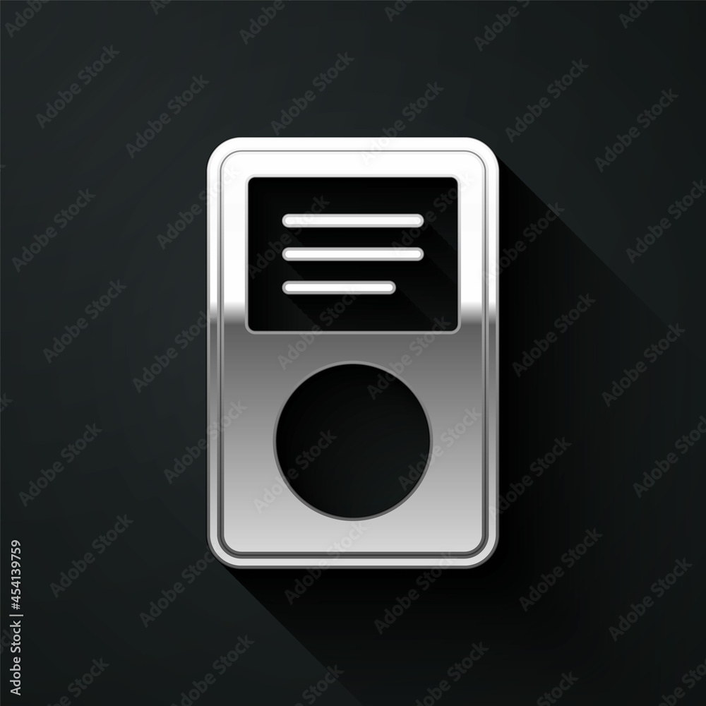 Silver Music player icon isolated on black background. Portable music device. Long shadow style. Vector Silver Music player icon isolated on black background. Portable music device. Long shadow style. Vector