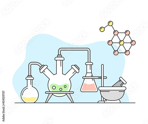 Glass Flask and Molecule as Chemistry or Medicine Science and Study Vector Line Illustration