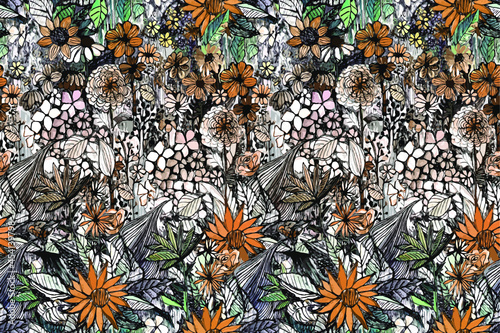 Flower meadow, hand-painted, all over textile pattern, vintige style. Beautiful abstract meadow for wallpaper and background, autumn colors. photo