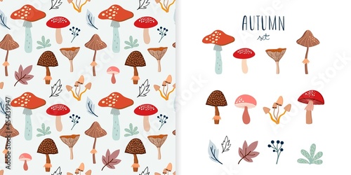 Valokuva Autumn set with seamless pattern  and a collection with seasonal elements, diffe