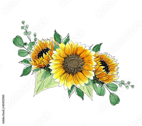 Sunflowers composition. Watercolor Hand painted illustration, isolated on white background. Design element of floral decoration for wedding printing