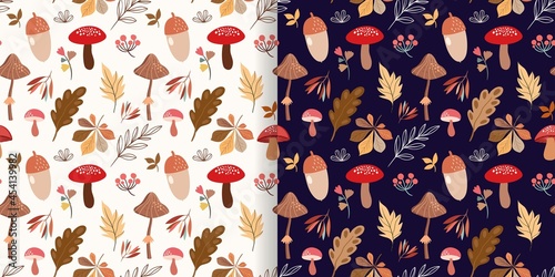 Autumn seamless patterns set, background, wallpaper with seasonal design, leaves mushrooms and plants