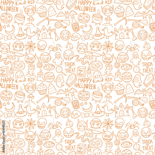Halloween Party Pattern. Seamless Background Symbols. Doodle Drawn Sketch Hand Made Design Vector.