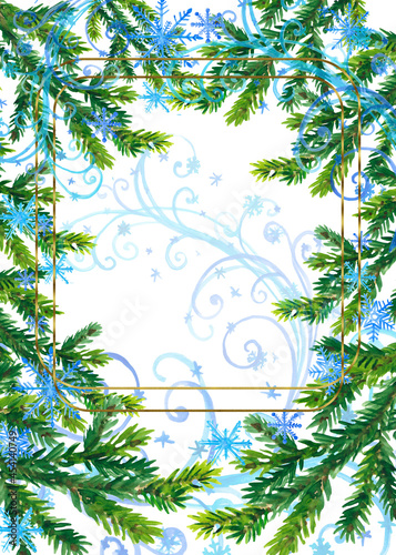 Fototapeta Naklejka Na Ścianę i Meble -  Hand painted vintage frame with branches, berries and leaves isolated on white background. Traditional evergreen frame.Watercolor winter frame, branch, greenery, decoration, design. Watercolor deer.