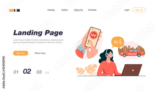 Cab online ordering process. Hands of passenger using taxi service application on cell, dispatcher in headset taking order. For mobile app, taxicab, city transport concept