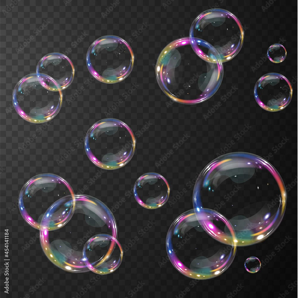 Set of realistic soap bubbles. Bubbles are located on a transparent ...