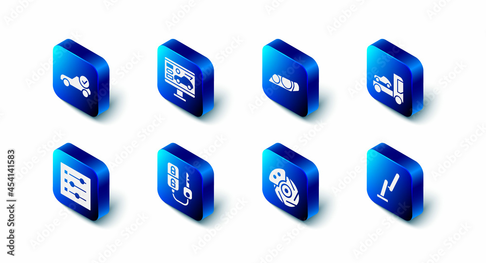 Set Diagnostics condition of car, Car headlight, transporter truck, Windscreen wiper, brake disk with caliper, key remote, settings and Auto service check automotive icon. Vector Set Diagnostics condition of car, Car headlight, transporter truck, Windscreen wiper, brake disk with caliper, key remote, settings and Auto service check automotive icon. Vector