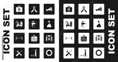 Set Auto service check automotive, Paint spray gun, Tow truck, Toolbox, Gear shifter, Car battery jumper power cable, wash and Chassis car icon. Vector