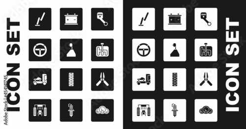 Set Engine piston, Gear shifter, Steering wheel, Windscreen wiper, Car battery, jumper power cable and transporter truck icon. Vector