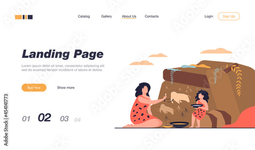 Ancient woman and kid painting on stone wall isolated flat vector illustration. Cartoon Prehistoric people drawing primitive animals and hunters. Rock art design and family concept